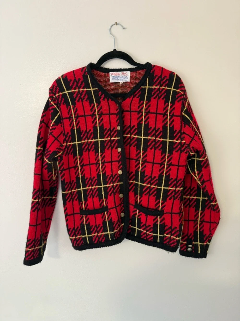 Vintage Tally Ho Red Plaid Knit Jacket with Black Trim 1980s Womens Medium - Picture 8 of 14
